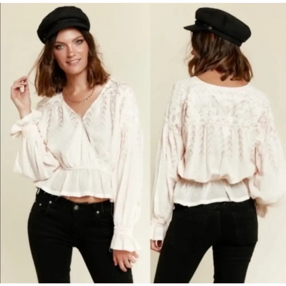 Free People Counting Stars Peplum Top Large Cream Gold Metallic Ruffle Peasant